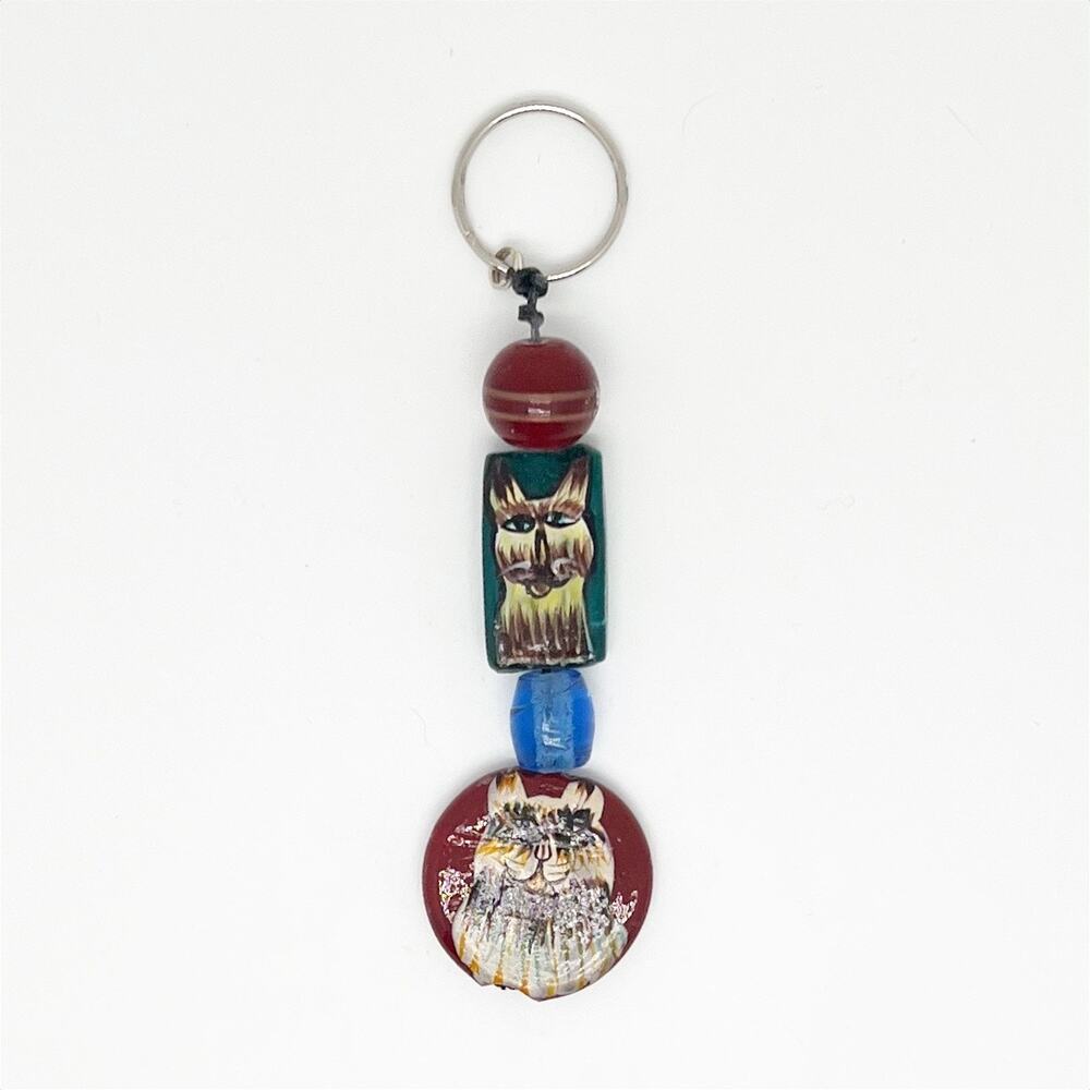 Handmade Painted Cat Bead Keychain Hand Crafted Beaded